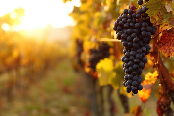 Ripe Grapes on Vine in Vineyard during Golden Hour of Autumn - obrazy, fototapety, plakaty