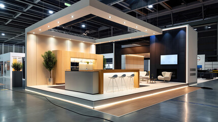 A beautiful exhibition stand in the form of a room with an interior in beige and light colors for presentation. Lighting, white ceiling, modular texture of materials, modern furniture. Creative design