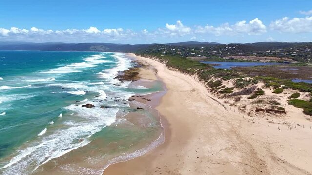 Drone aerial view of beach by Split Point Lighthouse on Great Ocean Road, Victoria, Aireys Inlet. Australia