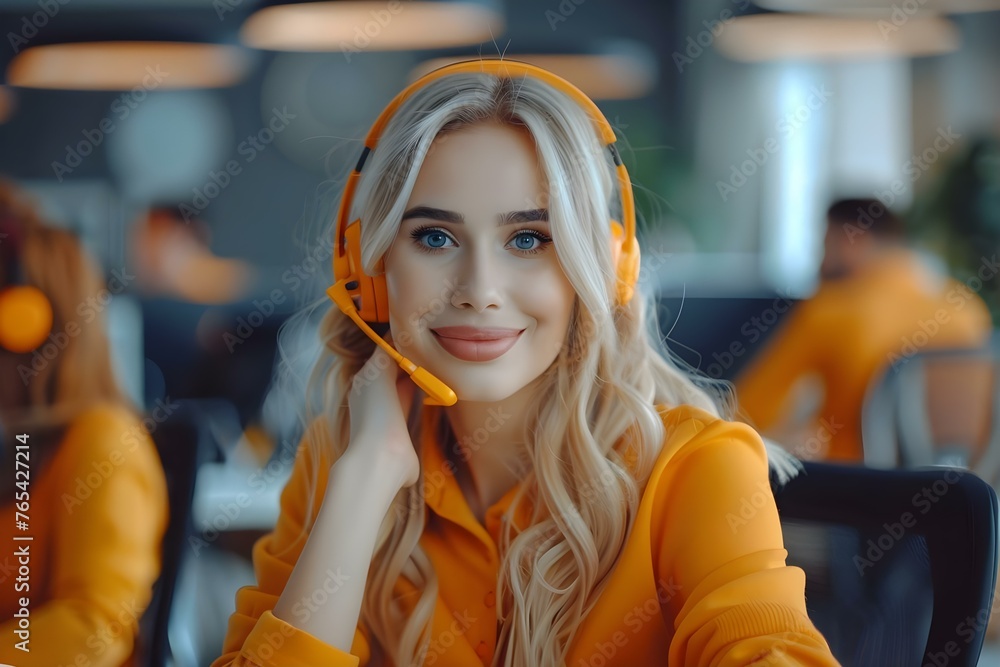 Poster a diverse group of customer support operators including a smiling woman working together in a call c