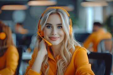 A diverse group of customer support operators including a smiling woman working together in a call center. Concept Customer Support, Diverse Team, Call Center, Smiling Woman, Teamwork