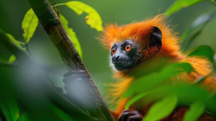 Fototapeta premium Red and white lemur resting on a tree branch in the jungle, with a cute face and golden fur, surrounded by green foliage