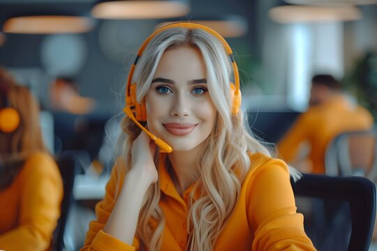 A diverse group of customer support operators including a smiling woman working together in a call center. Concept Customer Support, Diverse Team, Call Center, Smiling Woman, Teamwork