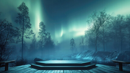 Northern lights with green shades, stepped platform made of wood, beautiful lake with fog, night...