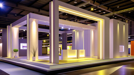 Exhibition stand design with space and interior inside. Modern architecture, site lighting. Plants...