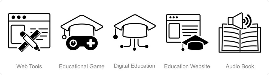 A set of 5 Online Education icons as web tools, educational game, digital education - obrazy, fototapety, plakaty