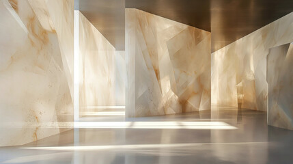 An empty room with walls and partitions with the texture of a translucent gemstone. Background for placing people, products and advertising. Screensaver for the presentation of architecture.