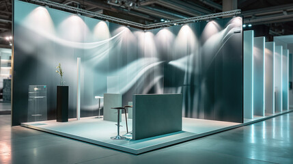 Exhibition stand with two walls in blue tones. Pendant lamps. Advertising background for presentation.
