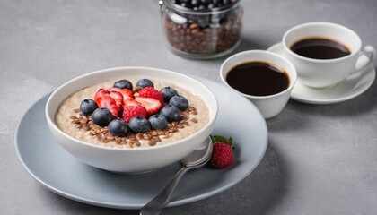Porridge in a bowl with berries, and coffee