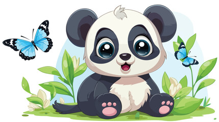 Cute panda boy with a butterfly Vector illustration