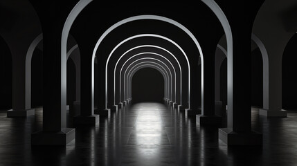 Fototapeta premium An atmospheric image showing a dark hallway with multiple illuminated arches creating a sense of depth and mystery