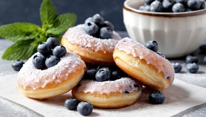 Powdered sugar donuts on parchment with blueberries and mint - obrazy, fototapety, plakaty