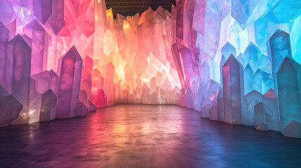 A vibrant and large-scale art installation resembling a crystal cave, with illuminated multi-colored walls, creating a magical atmosphere