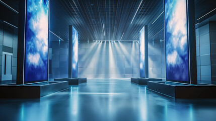 A modern and sleek design showcasing a corridor with backlit panels and a ceiling that bathes the scene in a cool blue light
