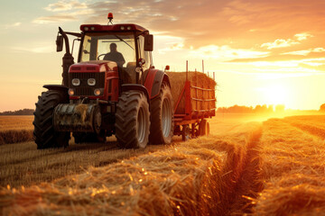 Golden Hour Harvest: Tractor Tilling Fields as the Sun Sets on Rural Farmland