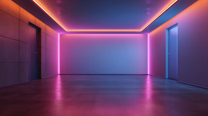 A spacious futuristic design with blue neon lights highlighting the interior, creating a cool and mysterious atmosphere