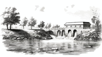 Dam on the Seine at Suresnes vintage engraved illustration  - obrazy, fototapety, plakaty