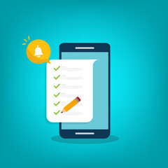 	
Checklist. Check list document on smartphone, smartphone with paper check list and to do list with checkboxes, concept of survey, online quiz, completed things or done test, feedback.	
