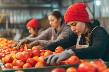 Diligent Workers Sorting Fresh Tomatoes at Organic Produce Market