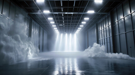 An atmospheric and mysterious image depicting a huge industrial interior shrouded in thick fog, with rays of light shining through the ceiling.