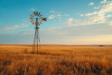 Iconic Prairie Windmill Standing Tall Among Golden Wheat Fields