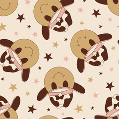 Groovy cartoonish smiling faces in cow spotted cowboy or sheriff hat vector seamless pattern. Hand drawn retro howdy wild west aesthetic background. - 765429228