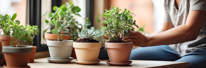 Fototapeta premium Popular Potted plants in a terracotta pot On the window sill of the house window, balcony, succulent, begonia, blooming, ficus