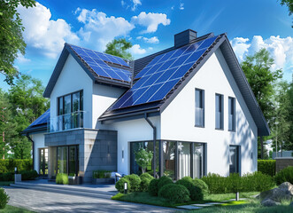 3D rendering of a modern house with solar panels on the roof, white walls and gray metal tiles, in the style of Scandinavian architecture, a garden in front, a sunny day, a blue sky, green trees