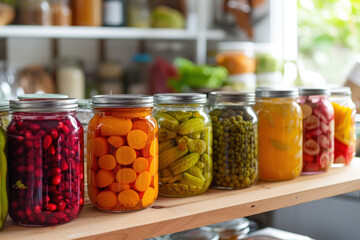 Home Canning Essentials: Colorful Preserved Vegetables on Kitchen Shelf - obrazy, fototapety, plakaty