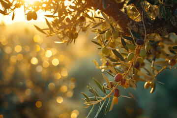 Sunset Gleam on Olive Branches: Golden Hour in the Mediterranean Grove - obrazy, fototapety, plakaty