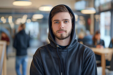 Obraz premium Portrait of a young male programmer, creative designer, developer engineer. He stands in the office and looks at the camera.