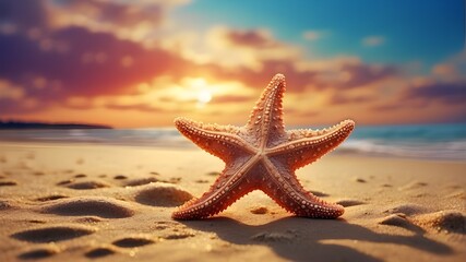 Artistic Image{Sea starfish} A stylized depiction of a sea starfish resting on a sandy beach, bathed in the golden light of a summer sunset. The art style should emphasize the dreamlike and surreal qu - obrazy, fototapety, plakaty