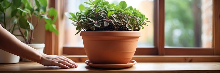 Obraz premium Popular Potted plants in a terracotta pot On the window sill of the house window, balcony, succulent, begonia, blooming, ficus