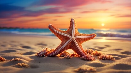 Fototapeta na wymiar Artistic Image{Sea starfish} A stylized depiction of a sea starfish resting on a sandy beach, bathed in the golden light of a summer sunset. The art style should emphasize the dreamlike and surreal 