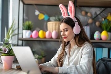 Work from home office easter concept with young woman using laptop and headphones in form of headband with rabbit ears. - 765429654