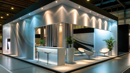 Exhibition stand design with space and interior inside. Modern architecture, site lighting. plants in a pot. Futuristic shapes. Business event, pavilions. Yellow, blue.