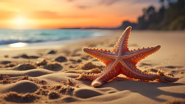 starfish on the beach, Artistic Image{Sea starfish} A stylized depiction of a sea starfish resting on a sandy beach, bathed in the golden light of a summer sunset. The art style should emphasize the d