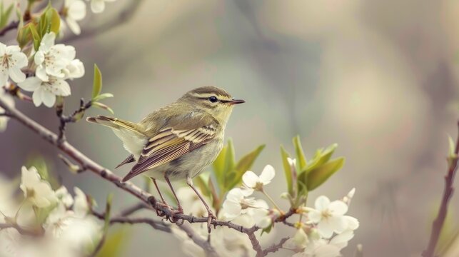 There is a cute little bird called the Willow Warbler, also known as Phylloscopus trochilus, in a