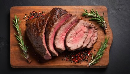 Roast beef with spices and rosemary. top view