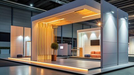 Exhibition stand design with space and interior inside. Modern architecture, site lighting. Futuristic shapes. Business event, pavilions. Yellow