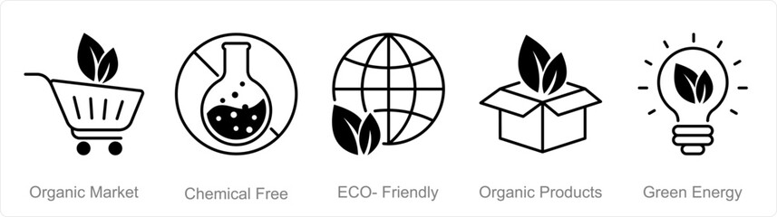 A set of 5 Organic Farming icons as organic market, chemical free, eco friendly