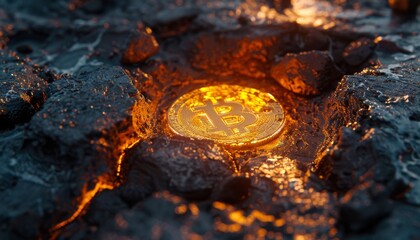 Bitcoin meteor shards glowing in crater, twilight, close-up angle - obrazy, fototapety, plakaty