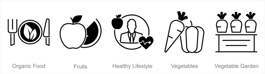 Fototapeta premium A set of 5 Organic Farming icons as organic food, fruits, healthy lifestyle