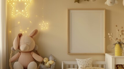 Mock up frame in cozy kids room interior background, 3D rendering., Generative AI