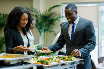 Afro american people in formal wear self serving on a buffet - obrazy, fototapety, plakaty