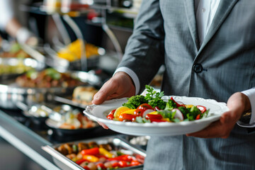 Close up of man holding food portion at buffet event
