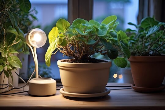 Popular Potted plants of the house window, in pots grown under a full-spectrum phytolamp for plants- philodendron, ficus, Monstera.
