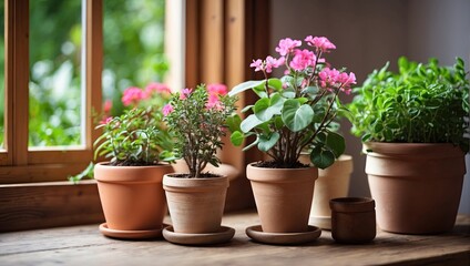 Fototapeta na wymiar Popular Potted plants in a terracotta pot On the window sill of the house window, balcony, succulent, begonia, blooming, ficus