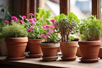 Popular Potted plants in a terracotta pot On the window sill of the house window, balcony,  succulent, begonia, blooming, ficus