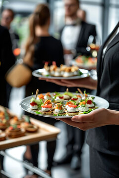 Close up of modern woman holding plates with canape snacks at event